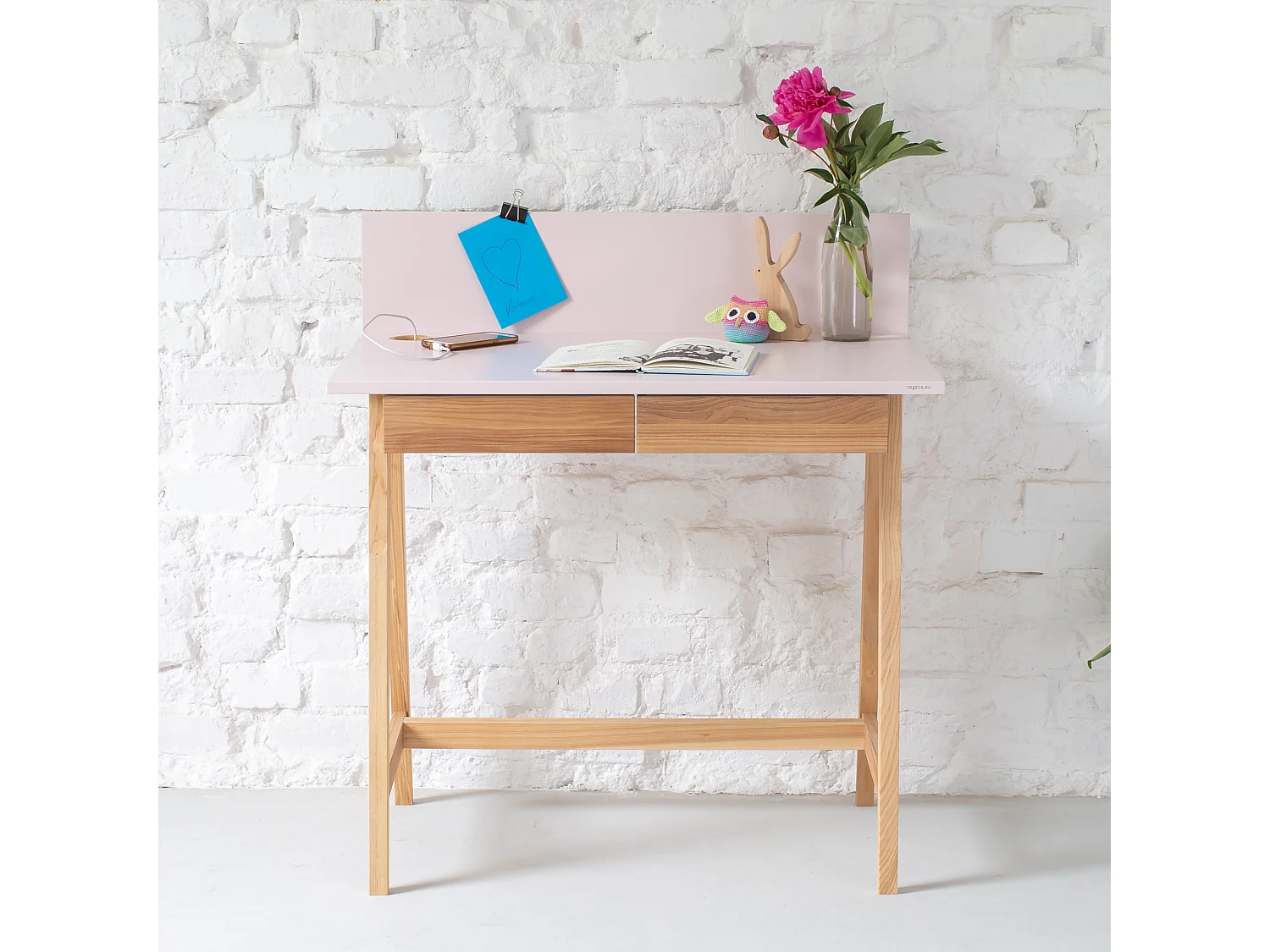 Petite bureau avec tiroirs 85 x 50 cm Luka Blanc | Pieds en frêne