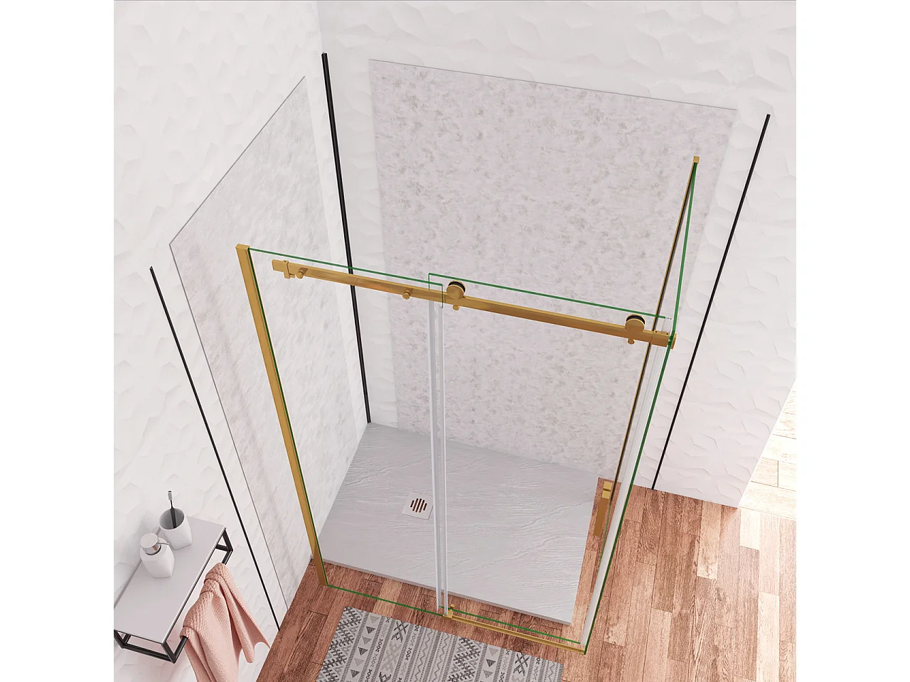 Box Doccia Angolare 110X70 cm H.195 cm Porta Scorrevole con Parete Fissa Vetro 8 mm Temperato Anticalcare Trasparente Telaio Cromo Dorato