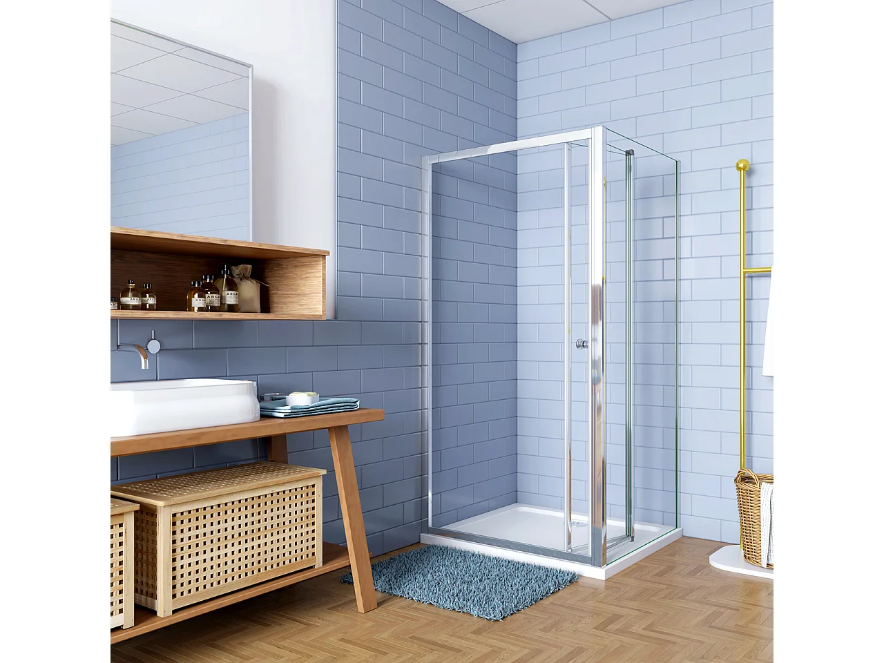 H.185cm Box Doccia Angolare Porta a Soffietto con Parete Fissa 90x90cm in Vetro Temperato Trasparente 5 mm Profilo Cromo Lucido