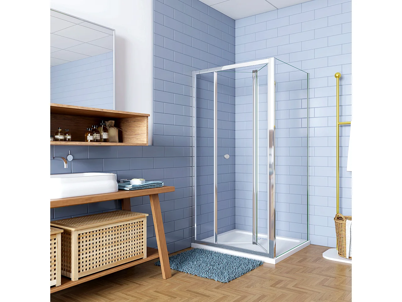 H.185cm Box Doccia Angolare Porta a Soffietto con Parete Fissa 90x70cm in Vetro Temperato Trasparente 5 mm Profilo Cromo Lucido