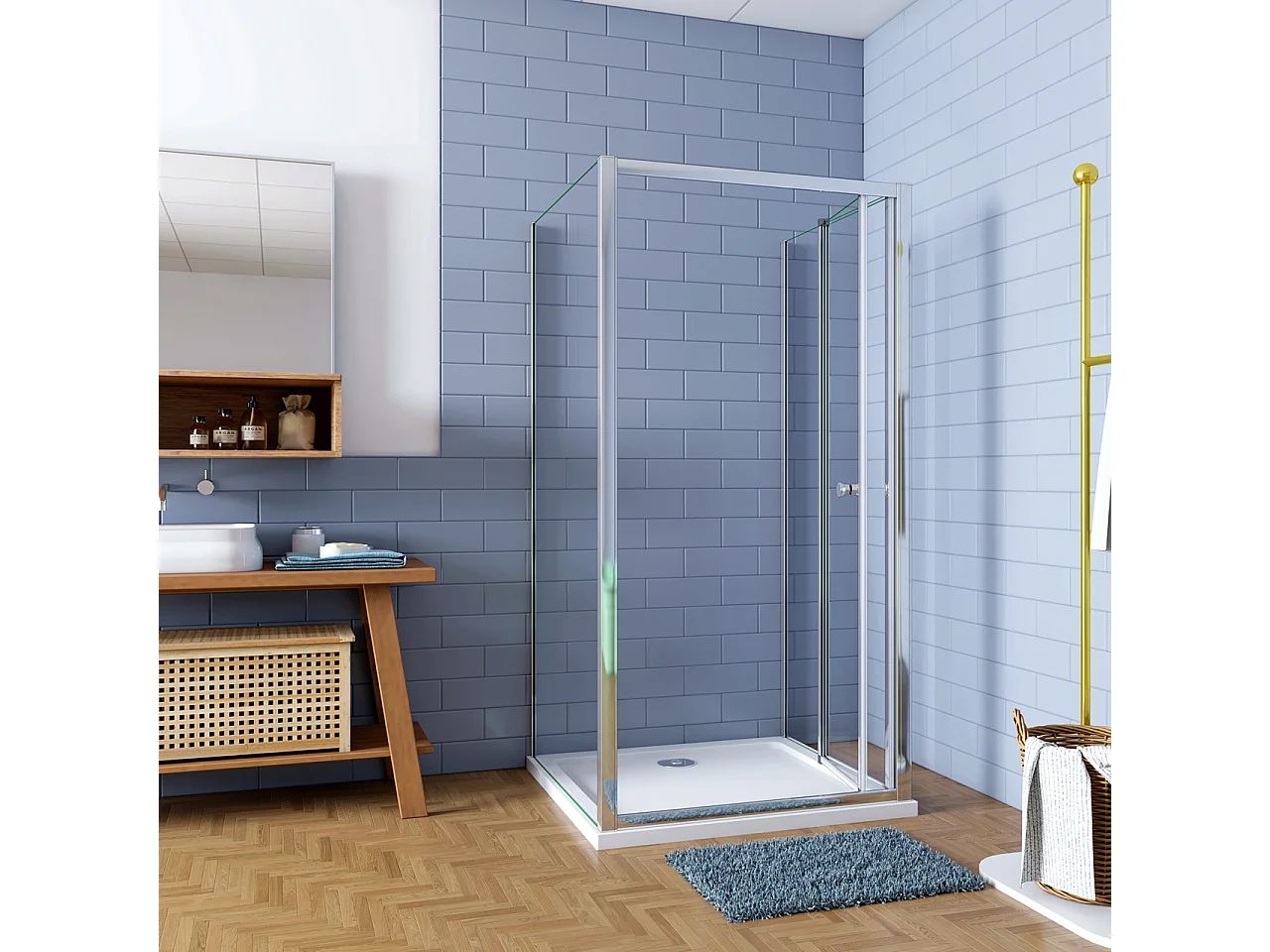 H.185cm Box Doccia a Tre Lati Porta a Soffietto 80cm con Doppia Parete Fissa 90x90cm in Vetro Temperato Trasparente 5 mm Profilo Cromo Lucido