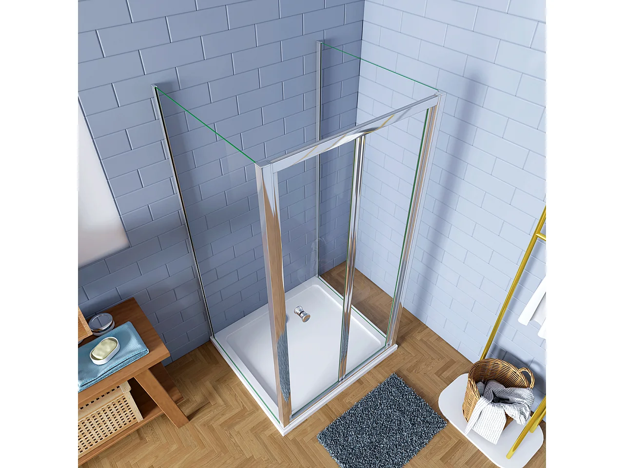 H.185cm Box Doccia a Tre Lati Porta a Soffietto 100cm con Doppia Parete Fissa 70x70cm in Vetro Temperato Trasparente 5 mm Profilo Cromo Lucido