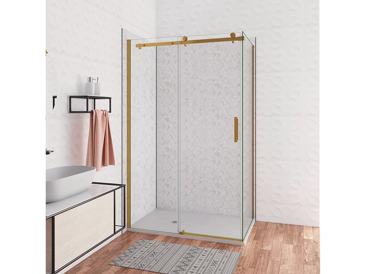 Box Doccia Angolare 120X80 cm H.195 cm Porta Scorrevole con Parete Fissa Vetro 8 mm Temperato Anticalcare Trasparente Telaio Cromo Dorato