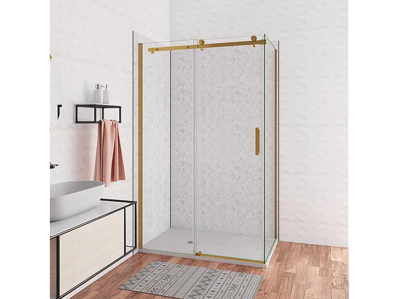 Box Doccia Angolare 120X80 cm H.195 cm Porta Scorrevole con Parete Fissa Vetro 8 mm Temperato Anticalcare Trasparente Telaio Cromo Dorato