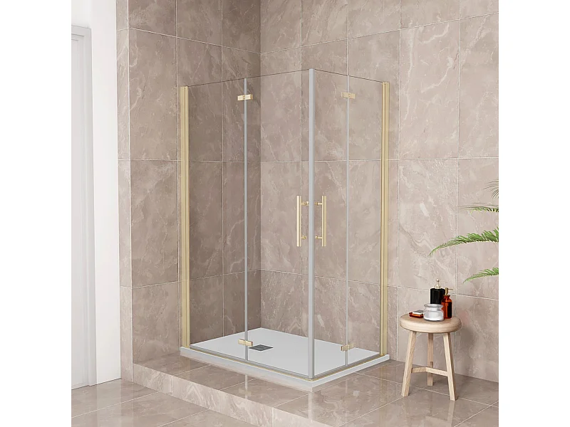 185cm Box Doccia Angolare 80x70cm Doppia Porta Battente Pieghevole Vetro Temperato Trasparente 6 mm Anticalcare Telaio Dorato Spazzolato