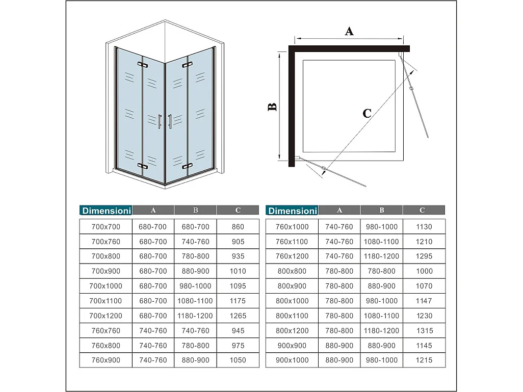 185cm Box Doccia Angolare 90x70cm Doppia Porta Battente Pieghevole Vetro Temperato Trasparente 6 mm Anticalcare Telaio Dorato Spazzolato