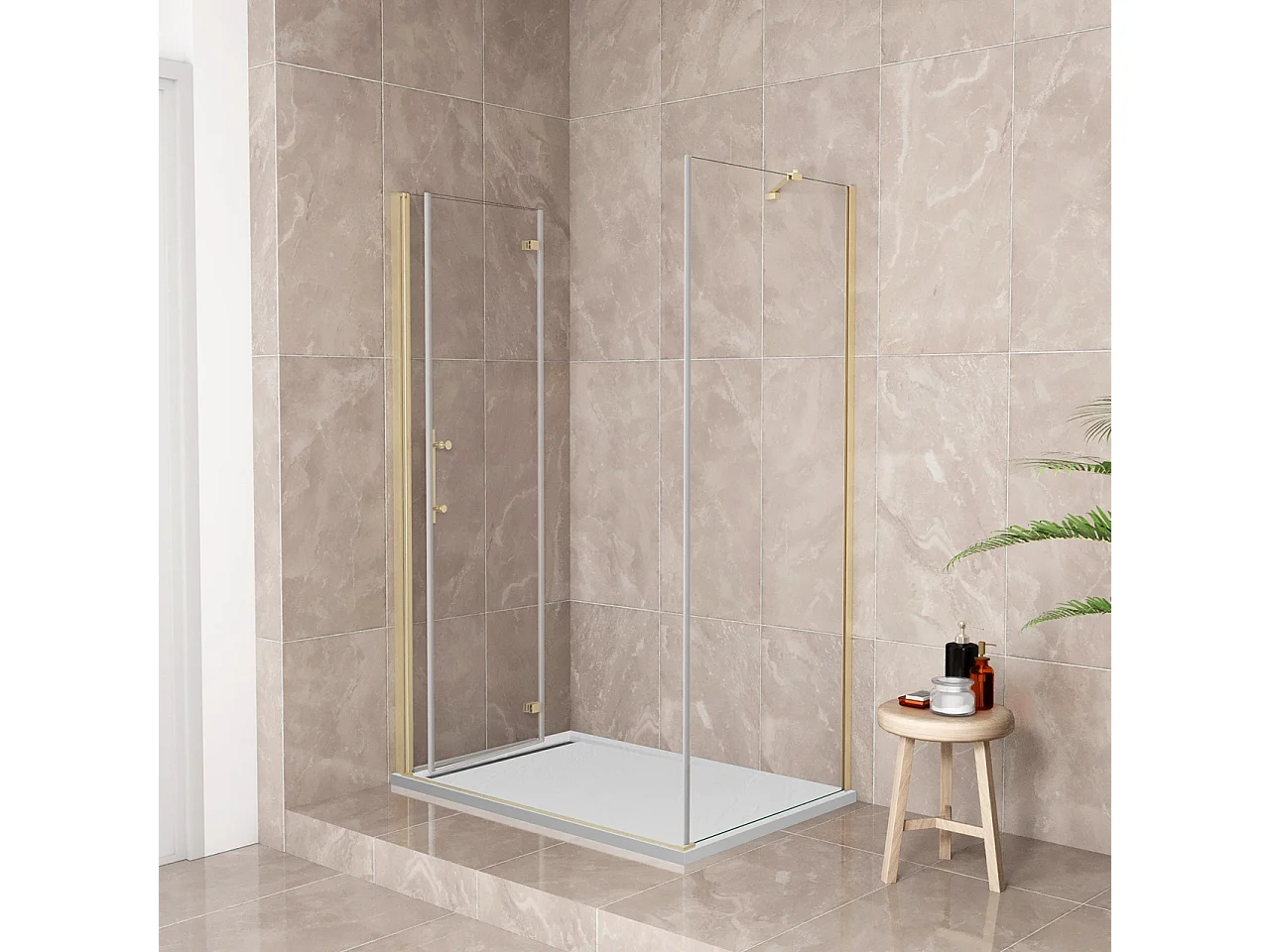 185cm Box Doccia Angolare 80x80cm Porta Battente Pieghevole 80 Parete Fissa 80 Vetro Temperato 6mm Anticalcare Barra Stabilizzatrice da 45cm Dorato Spazzolato