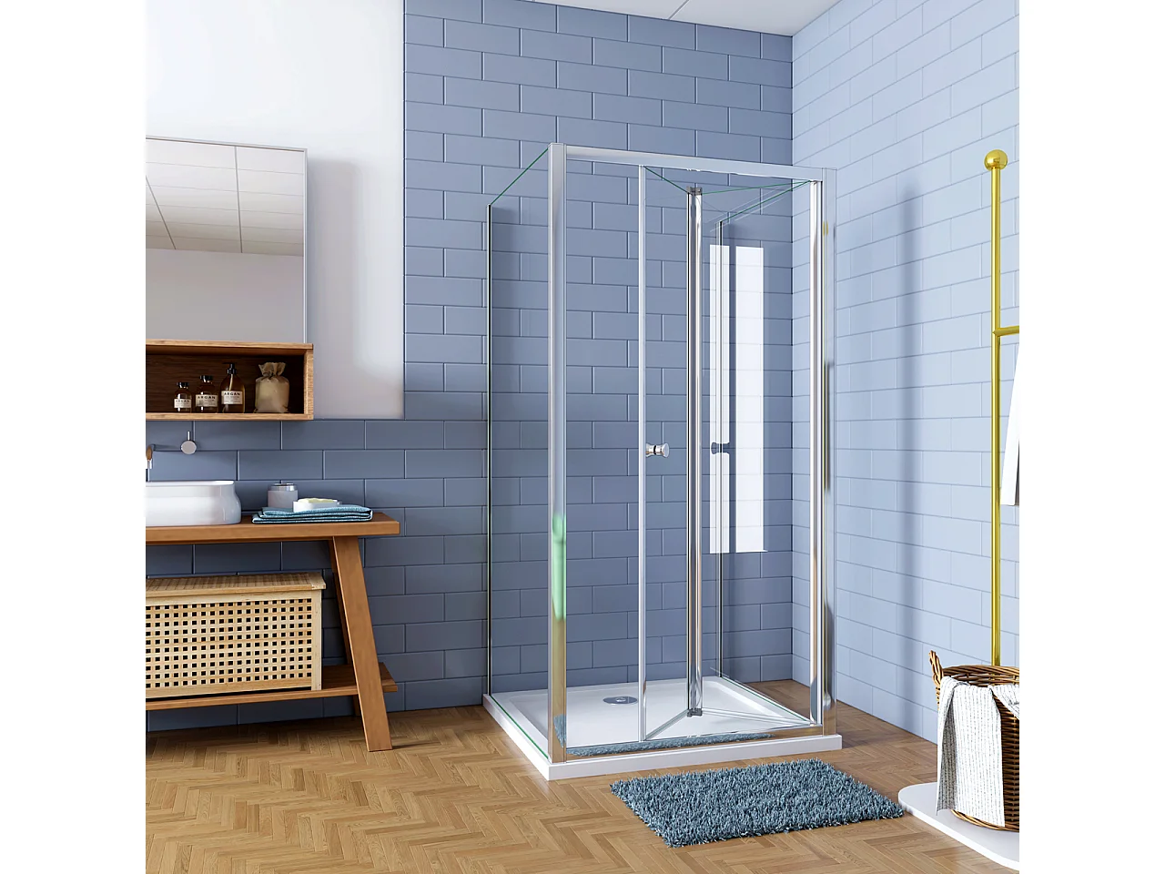 H.185cm Box Doccia a Tre Lati Porta a Soffietto 90cm con Doppia Parete Fissa 70x70cm in Vetro Temperato Trasparente 5 mm Profilo Cromo Lucido