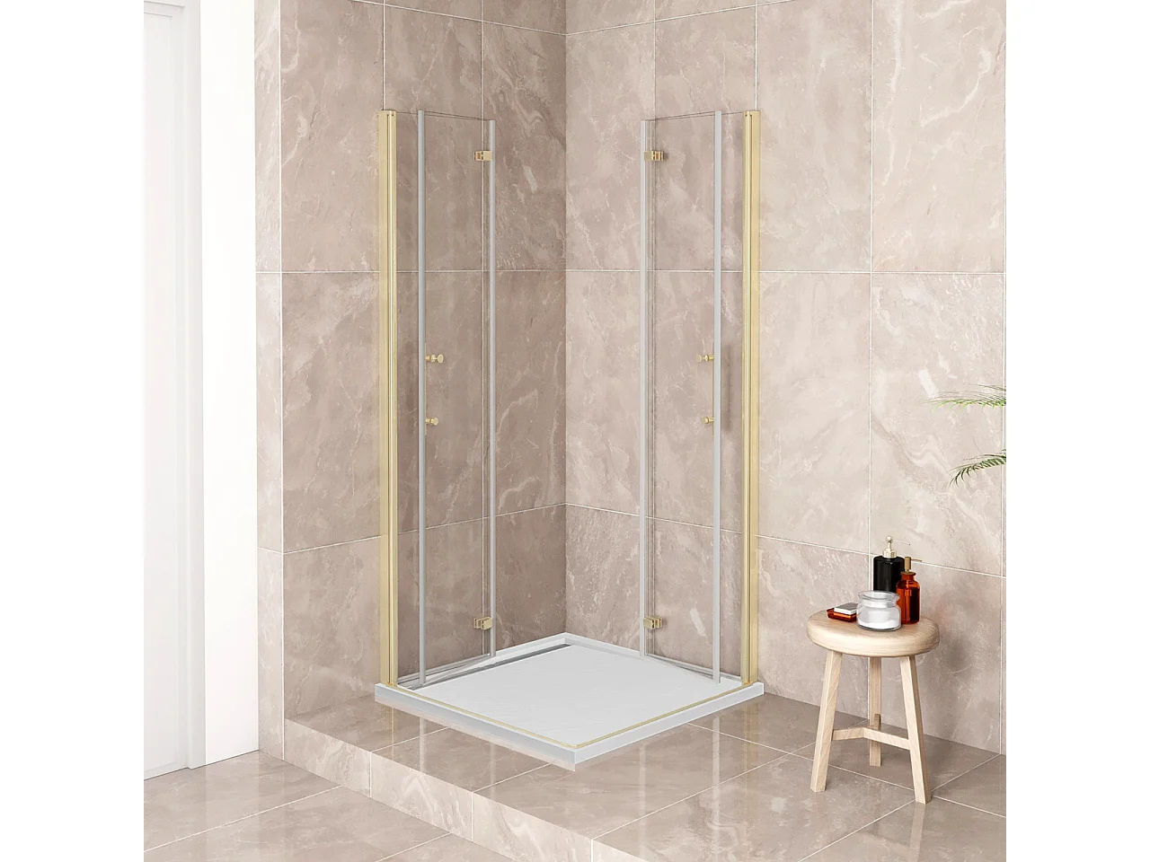 185cm Box Doccia Angolare 120x120cm Doppia Porta Battente Pieghevole Vetro Temperato Trasparente 6 mm Anticalcare Telaio Dorato Spazzolato