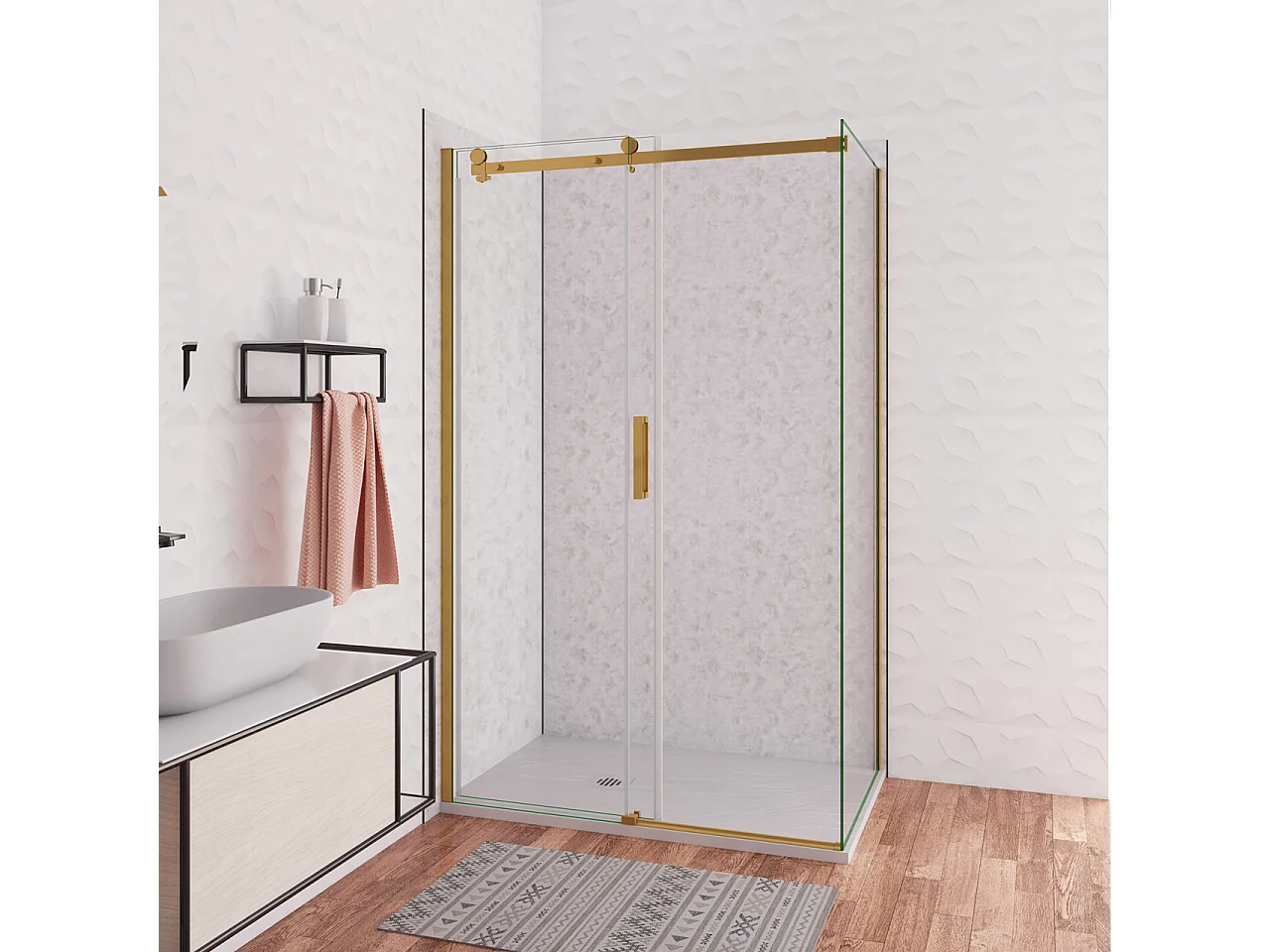 Box Doccia Angolare 140X70 cm H.195 cm Porta Scorrevole con Parete Fissa Vetro 8 mm Temperato Anticalcare Trasparente Telaio Cromo Dorato