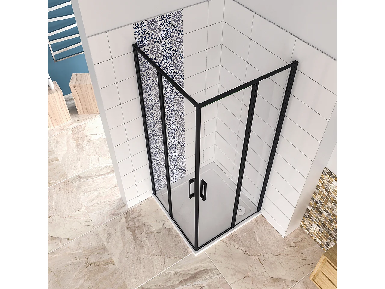 Box Doccia Angolare 100x80 cm H.185 cm Doppia Porta Battente in Vetro Temperato Trasparente Anticalcare 6 mm Profilo Nero Opaco