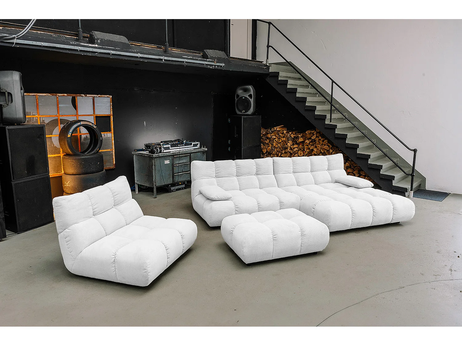 Ecksofa Polsterhocker Drehsessel Set - Weiß Cord - VIVIEN