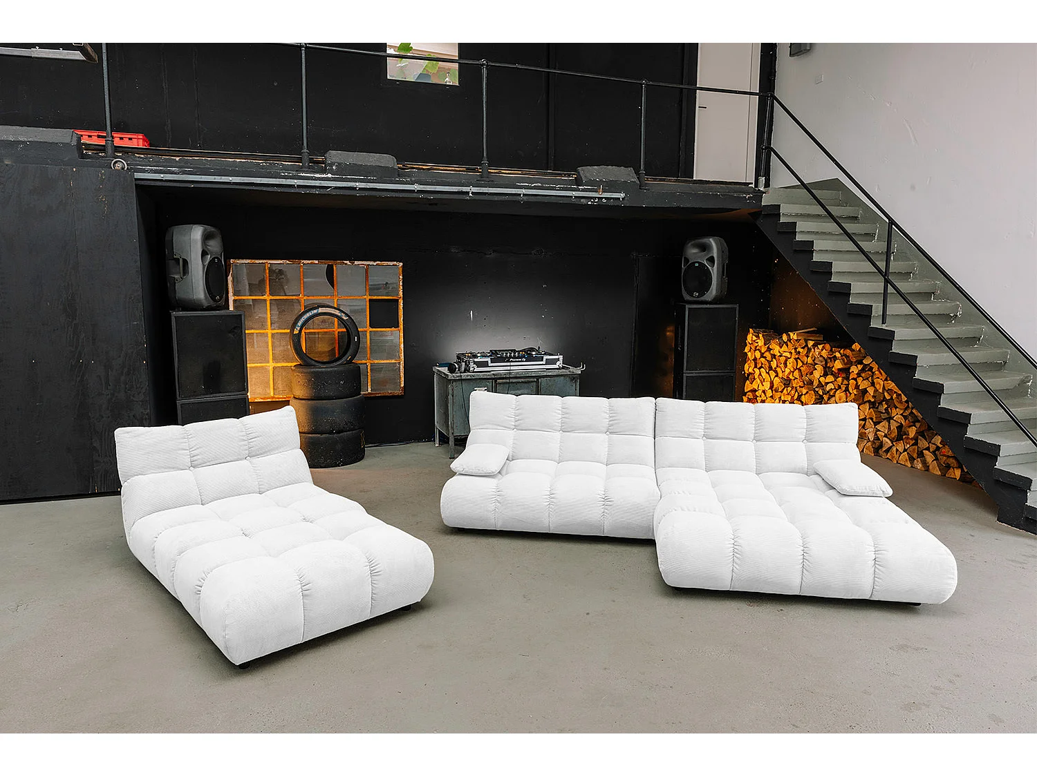 Ecksofa Polsterhocker Drehsessel Set - Weiß Cord - VIVIEN