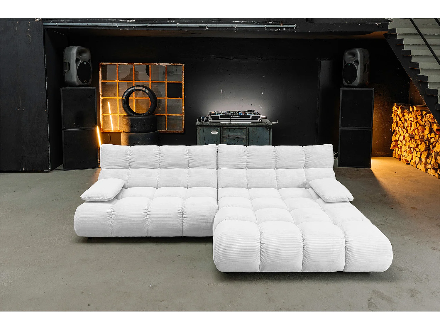 Ecksofa Polsterhocker Drehsessel Set - Weiß Cord - VIVIEN