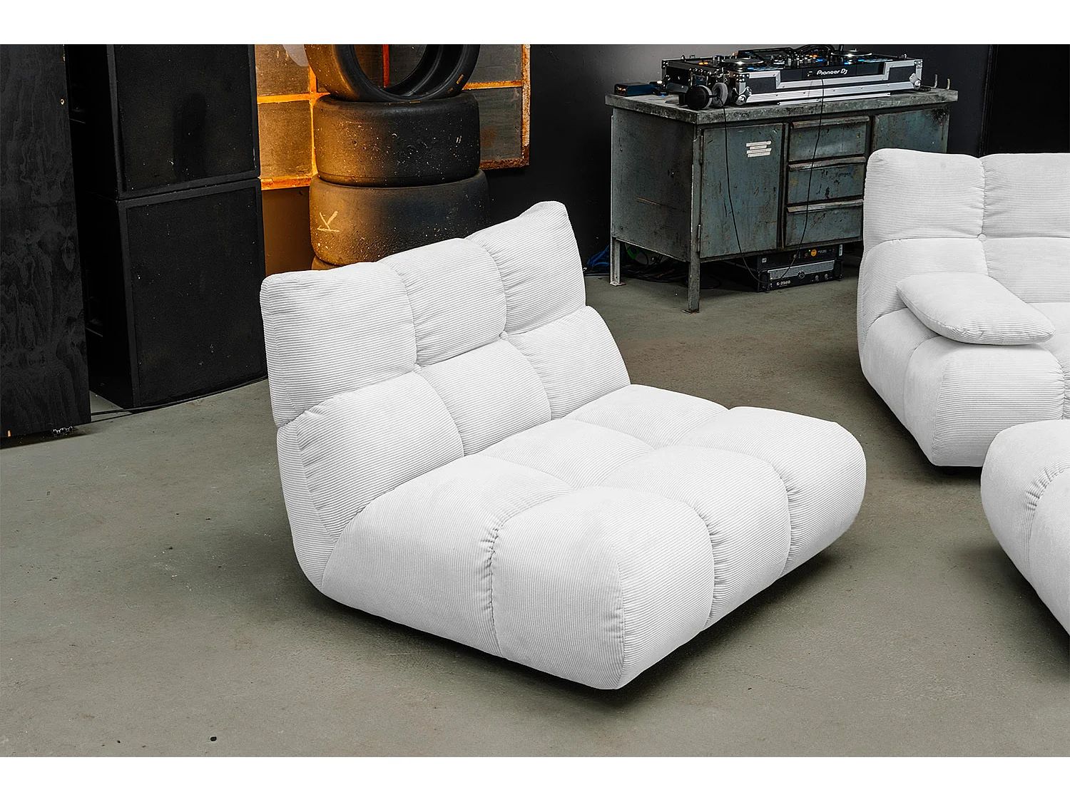 Ecksofa Polsterhocker Drehsessel Set - Weiß Cord - VIVIEN