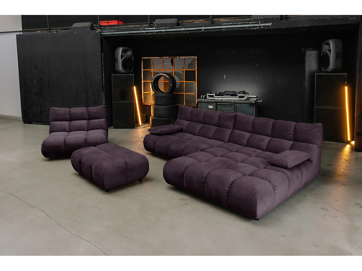 Canapé d'angle pouf rembourré fauteuil pivotant Set - Violette Velours - VIVIEN