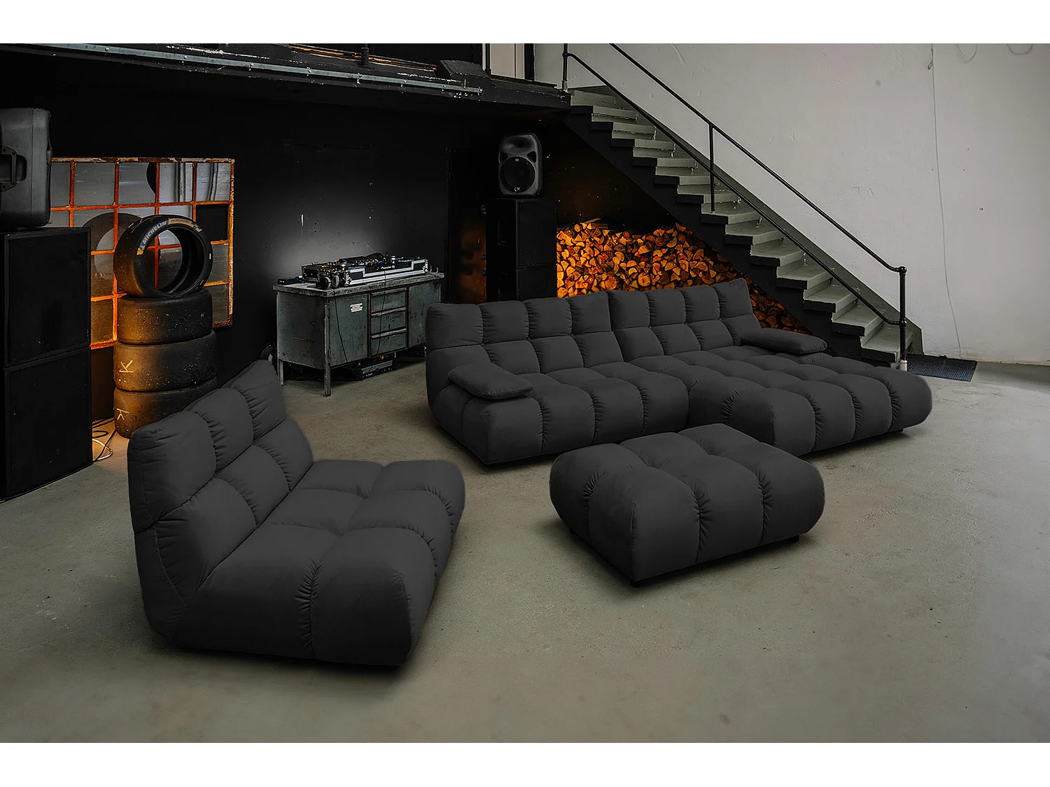 Canapé d'angle pouf rembourré fauteuil pivotant Set - Noir Velours - VIVIEN