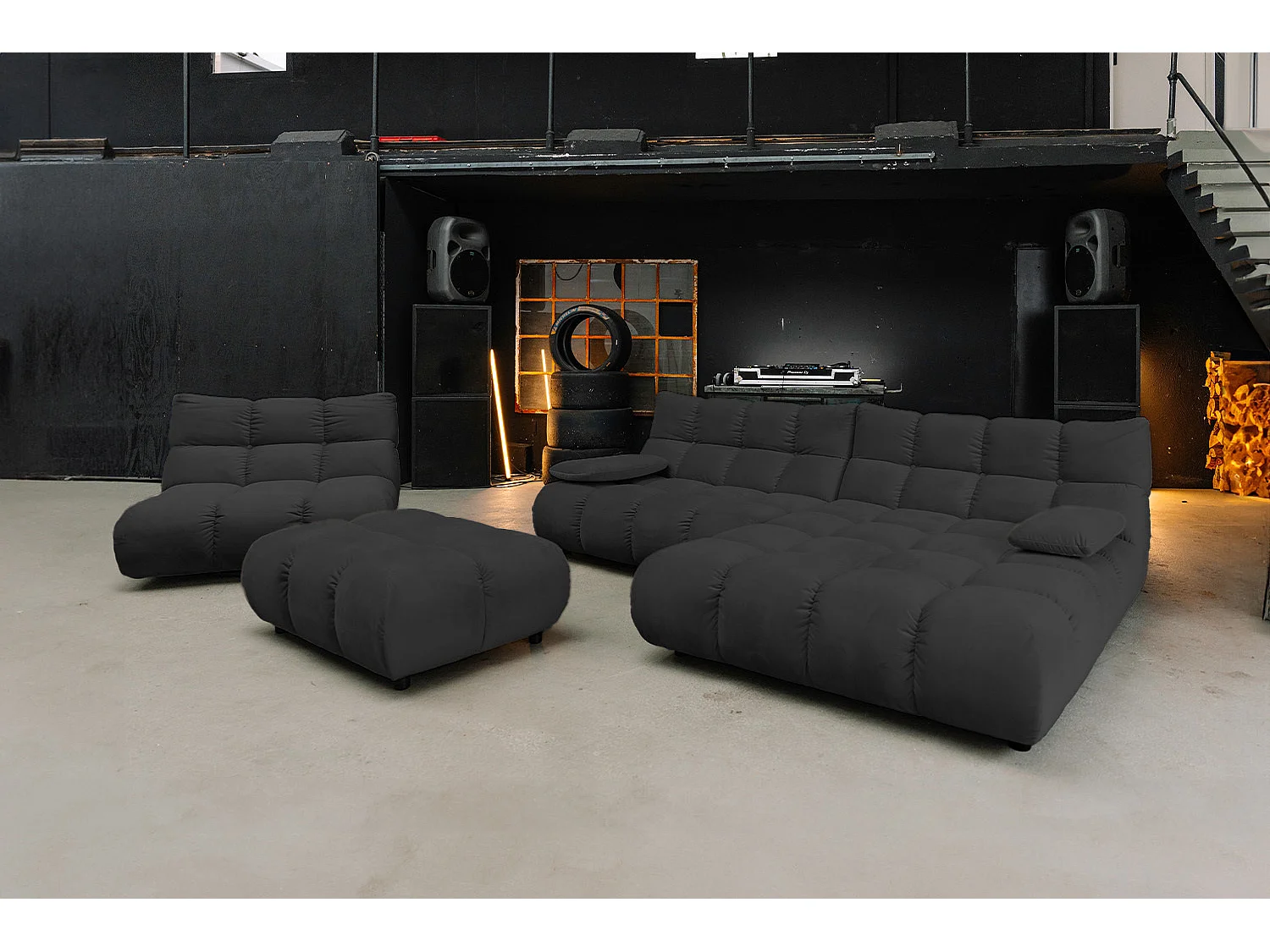 Canapé d'angle pouf rembourré fauteuil pivotant Set - Noir Velours - VIVIEN