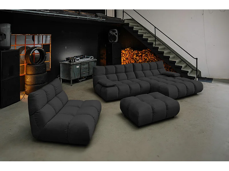 Canapé d'angle pouf rembourré fauteuil pivotant Set - Noir Velours - VIVIEN