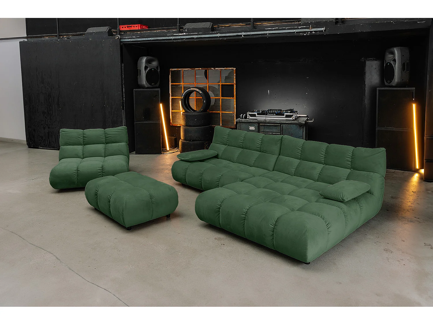 Canapé d'angle pouf rembourré fauteuil pivotant Set - vert émeraude Velours - VIVIEN