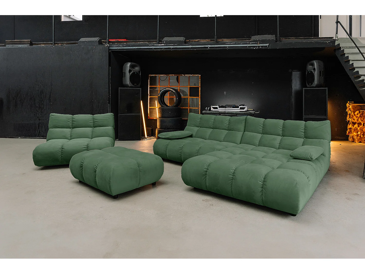 Canapé d'angle pouf rembourré fauteuil pivotant Set - vert émeraude Velours - VIVIEN