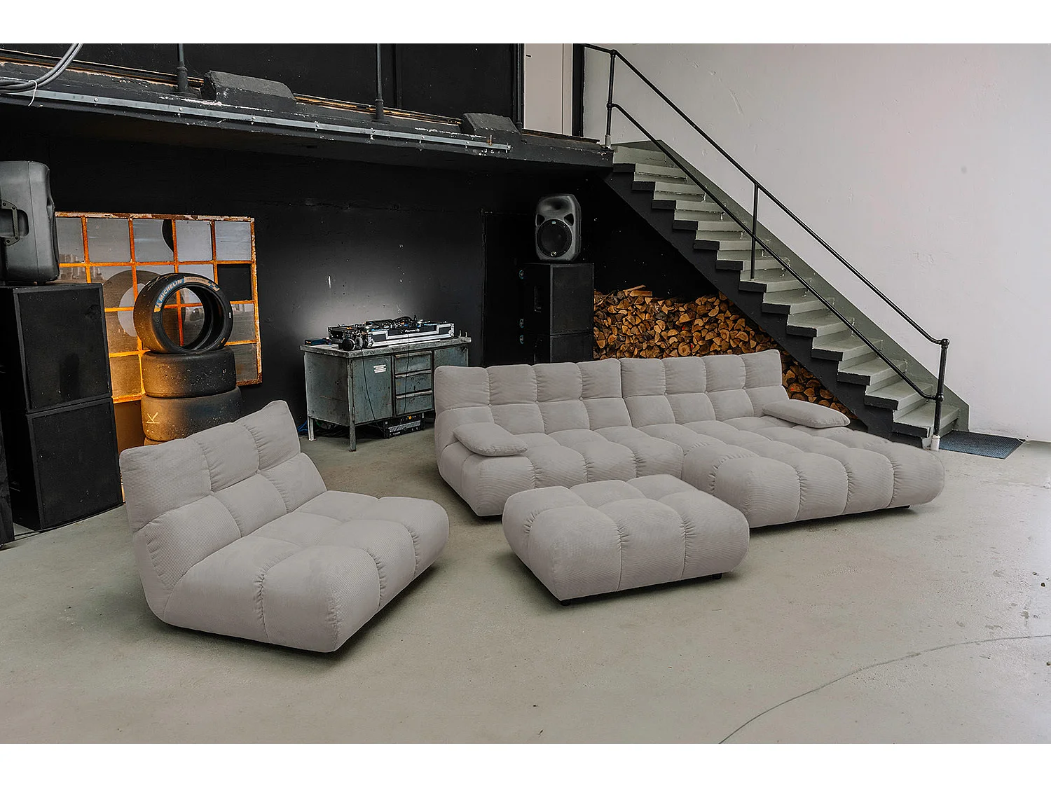 Ecksofa Polsterhocker Drehsessel Set - Grau Cord - VIVIEN