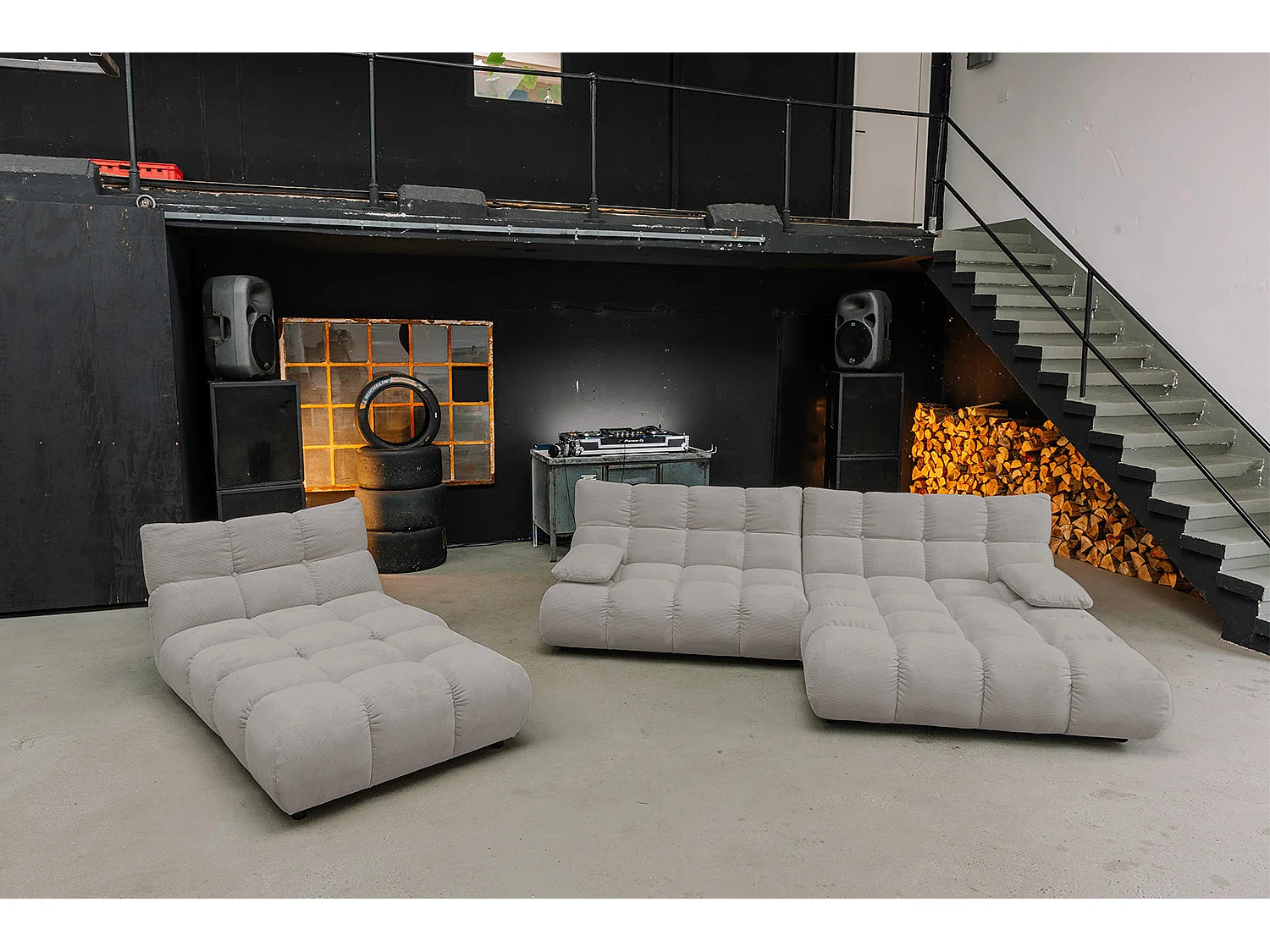 Ecksofa Polsterhocker Drehsessel Set - Grau Cord - VIVIEN