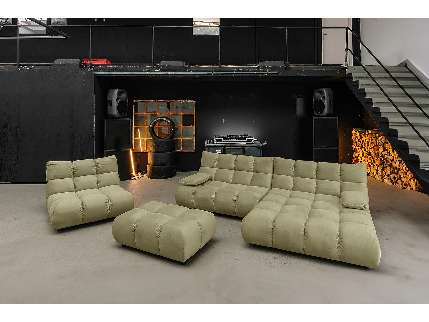 Canapé d'angle pouf rembourré fauteuil pivotant Set - Vert Velours - VIVIEN