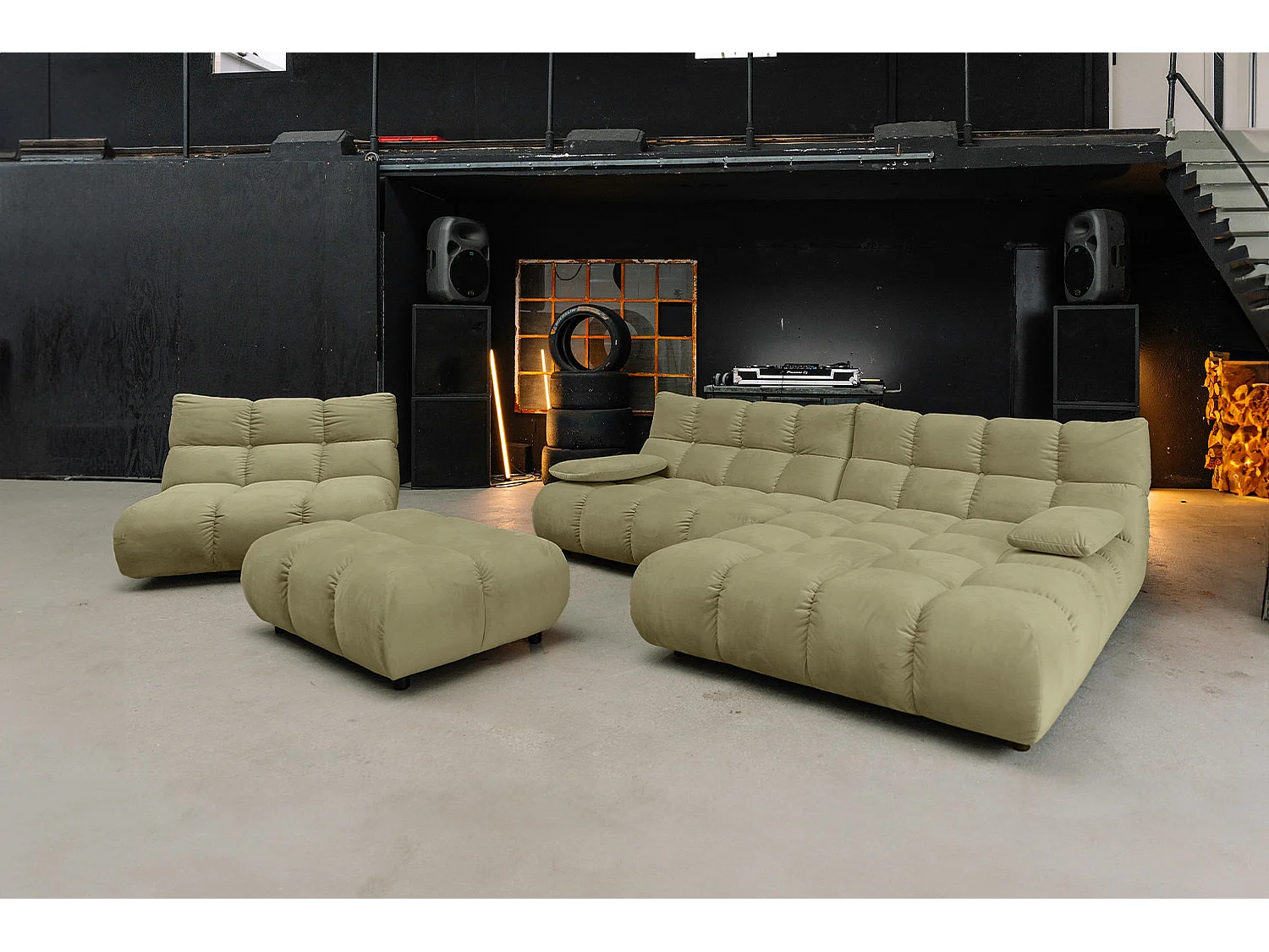 Canapé d'angle pouf rembourré fauteuil pivotant Set - Vert Velours - VIVIEN