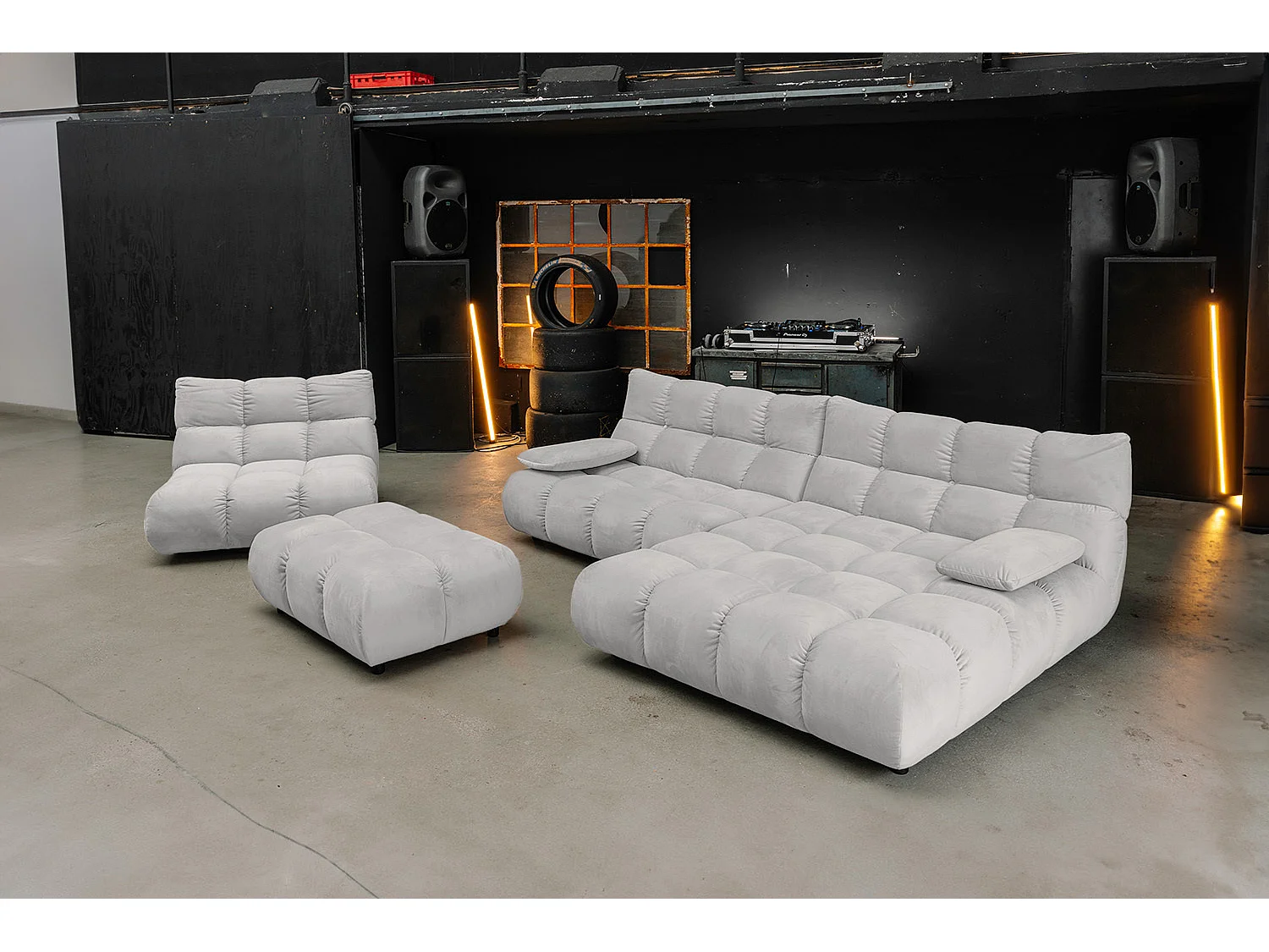 Canapé d'angle pouf rembourré fauteuil pivotant Set - argent Velours - VIVIEN