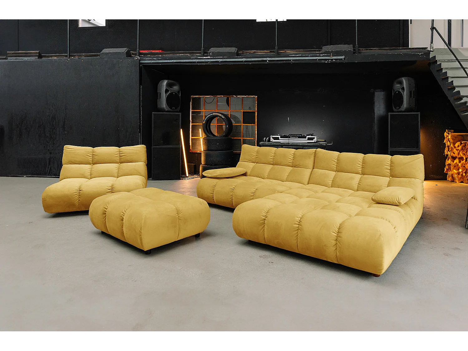 Canapé d'angle pouf rembourré fauteuil pivotant Set - jaune Velours - VIVIEN