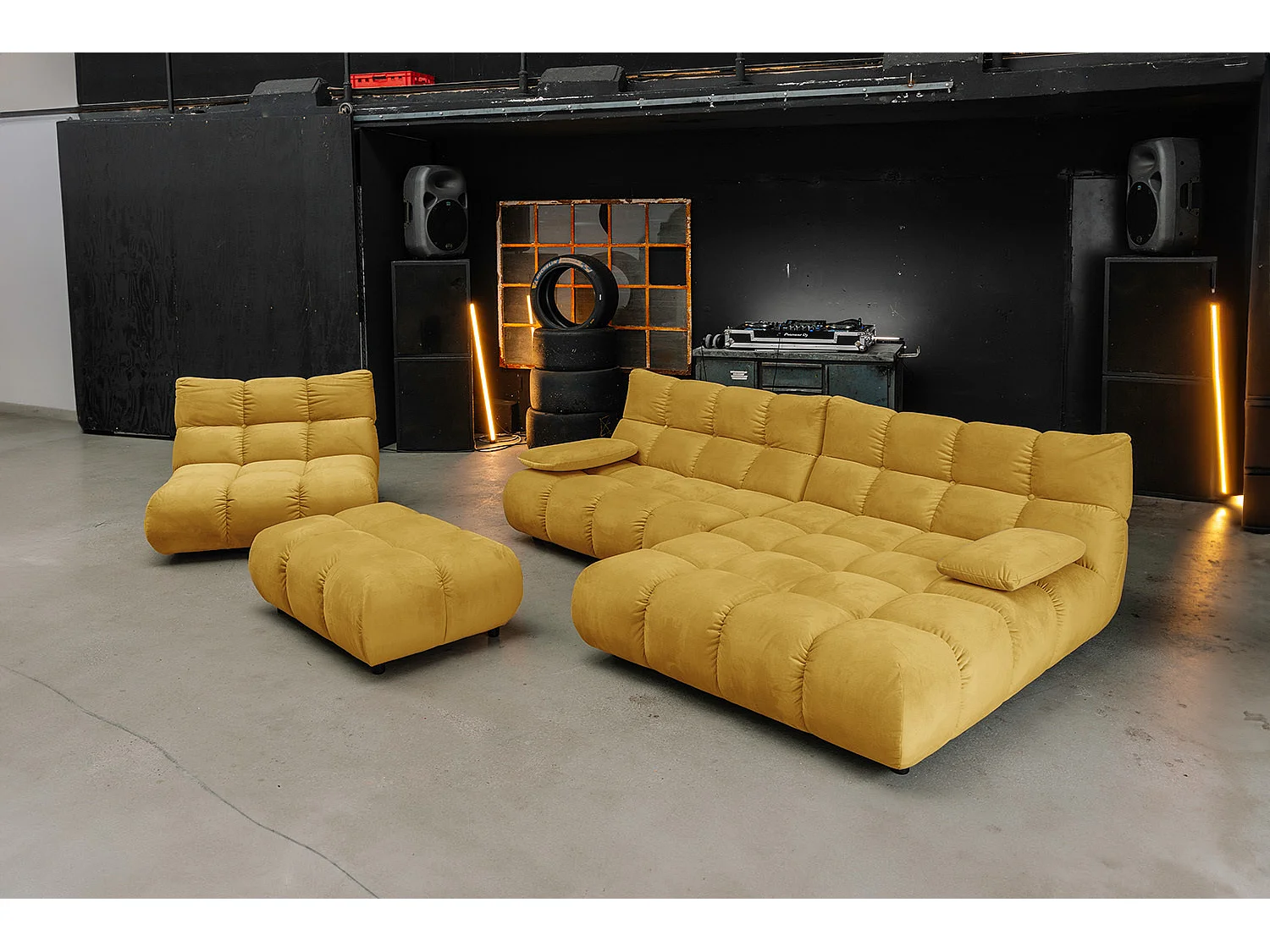 Canapé d'angle pouf rembourré fauteuil pivotant Set - jaune Velours - VIVIEN