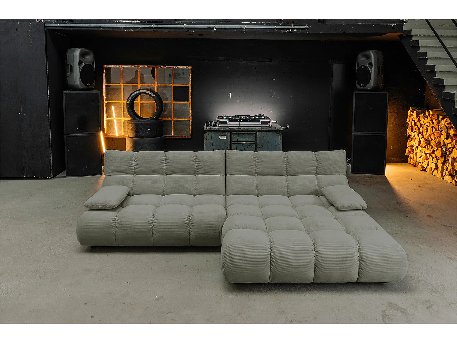 Ecksofa Polsterhocker Drehsessel Set - Grün Cord - VIVIEN