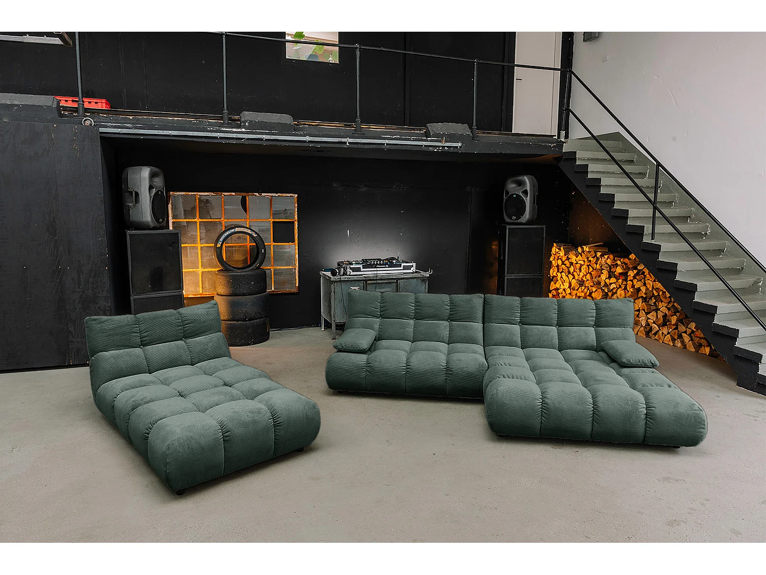 Ecksofa Polsterhocker Drehsessel Set - Smaragdgrün Cord - VIVIEN