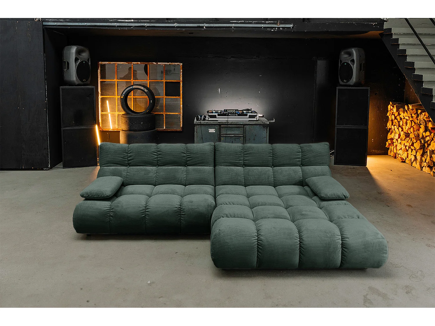 Ecksofa Polsterhocker Drehsessel Set - Smaragdgrün Cord - VIVIEN