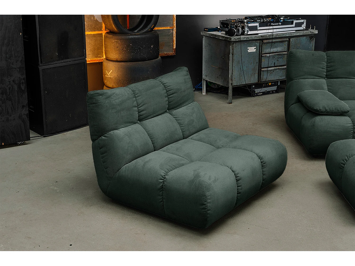 Ecksofa Polsterhocker Drehsessel Set - Smaragdgrün Cord - VIVIEN