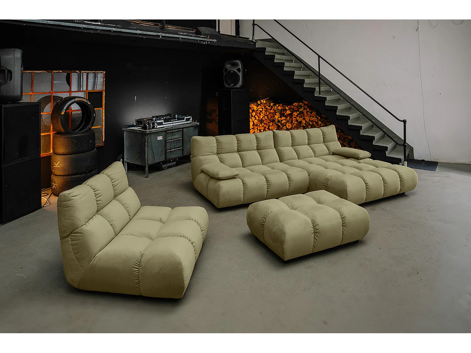 Canapé d'angle pouf rembourré fauteuil pivotant Set - Vert Velours - VIVIEN