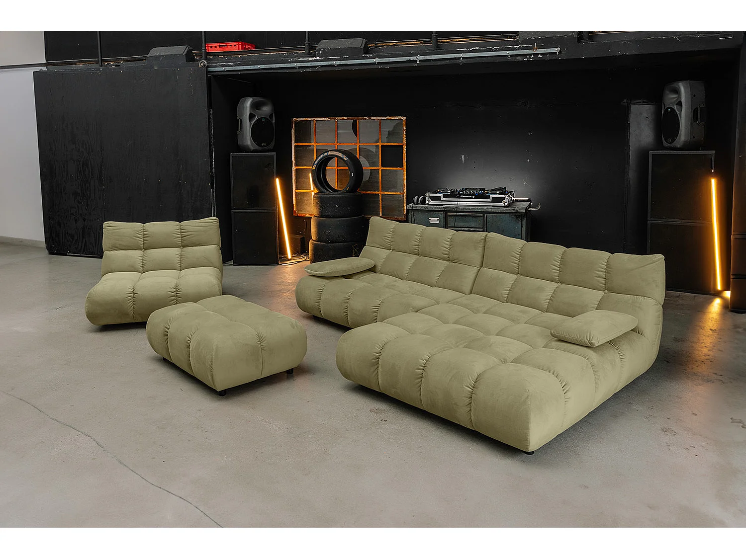 Canapé d'angle pouf rembourré fauteuil pivotant Set - Vert Velours - VIVIEN