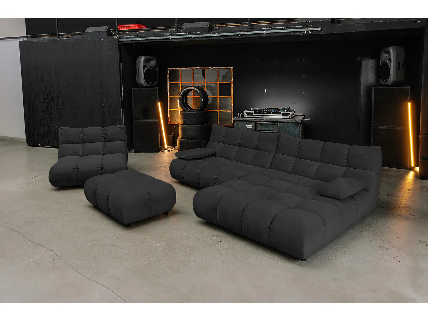 Canapé d'angle pouf rembourré fauteuil pivotant Set - Noir Velours - VIVIEN