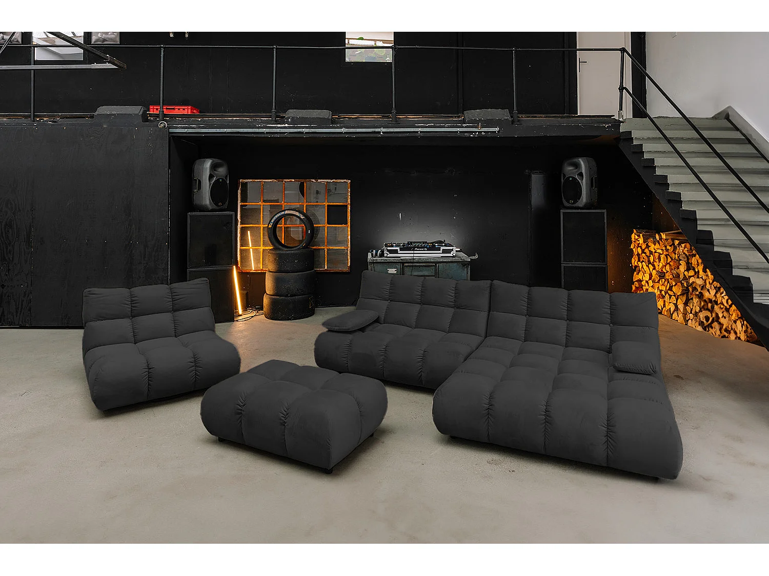 Canapé d'angle pouf rembourré fauteuil pivotant Set - Noir Velours - VIVIEN