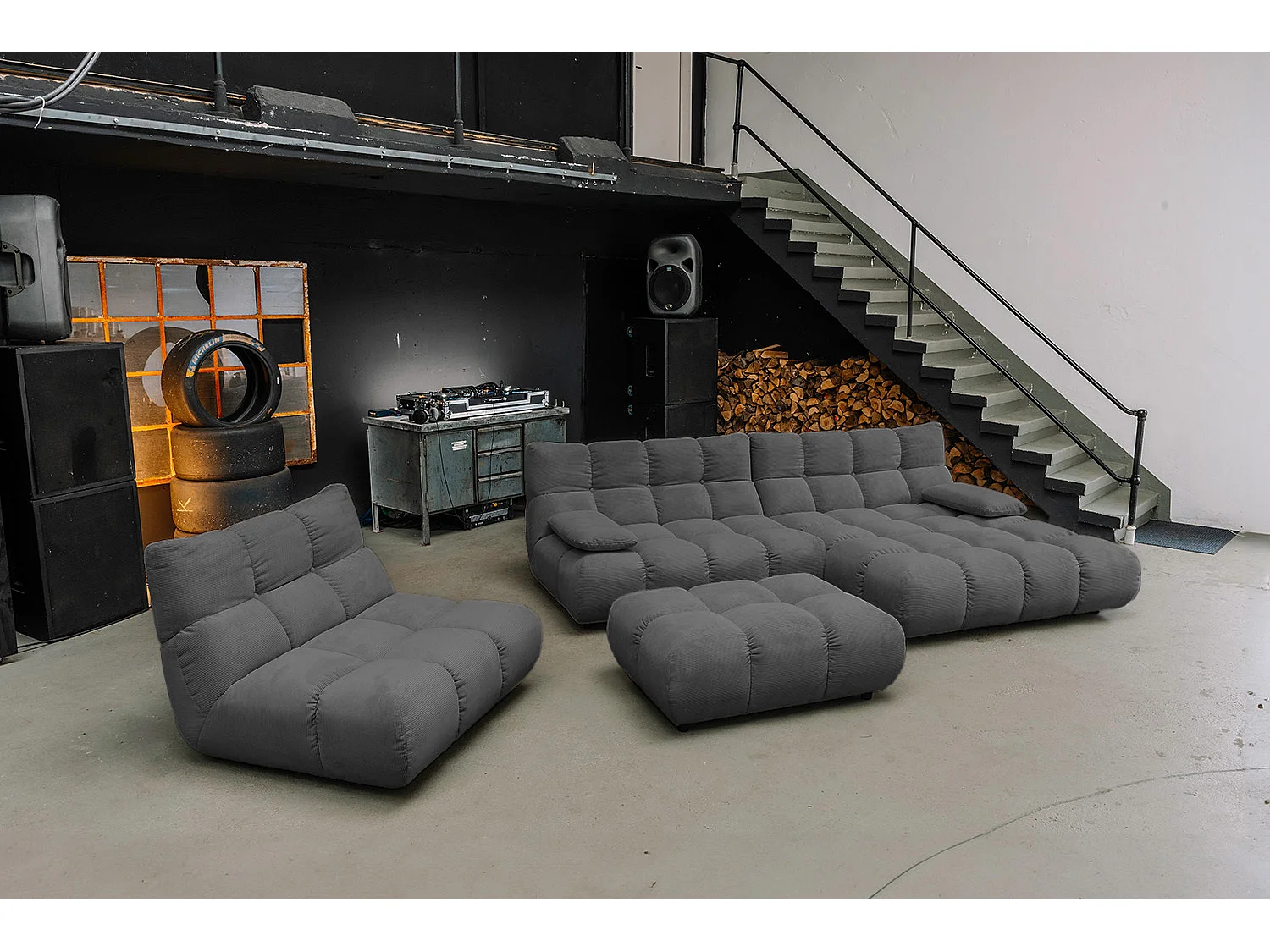 Ecksofa Polsterhocker Drehsessel Set - Anthrazit Cord - VIVIEN