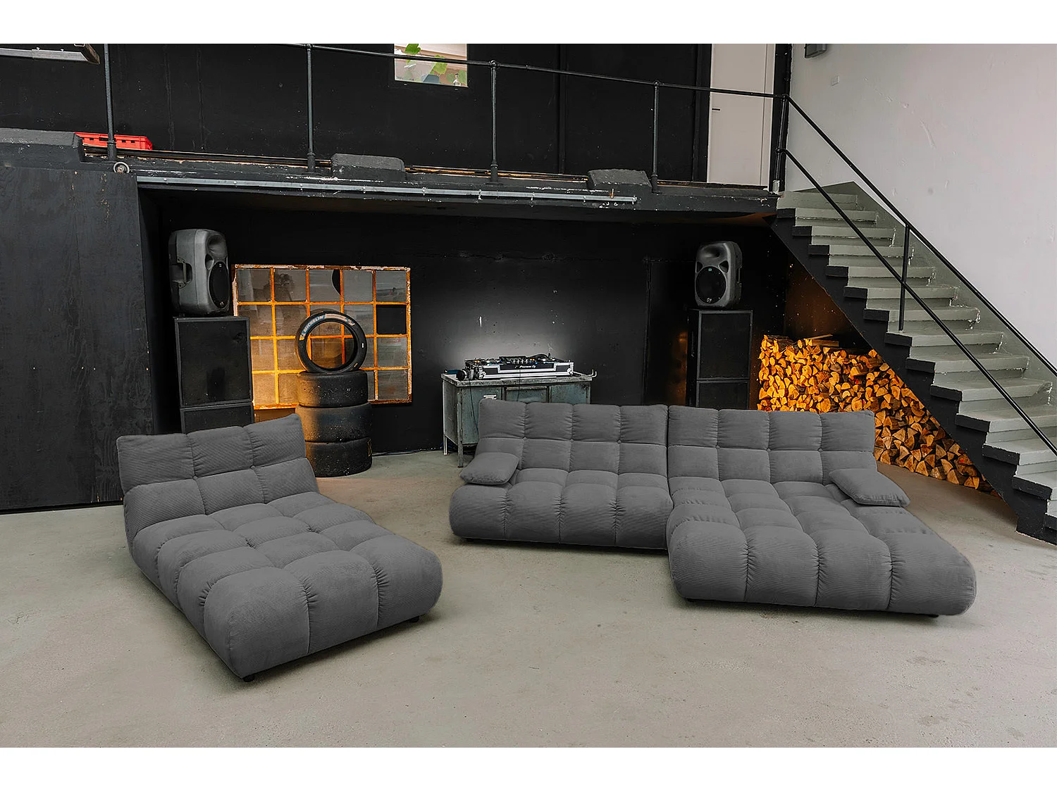 Ecksofa Polsterhocker Drehsessel Set - Anthrazit Cord - VIVIEN