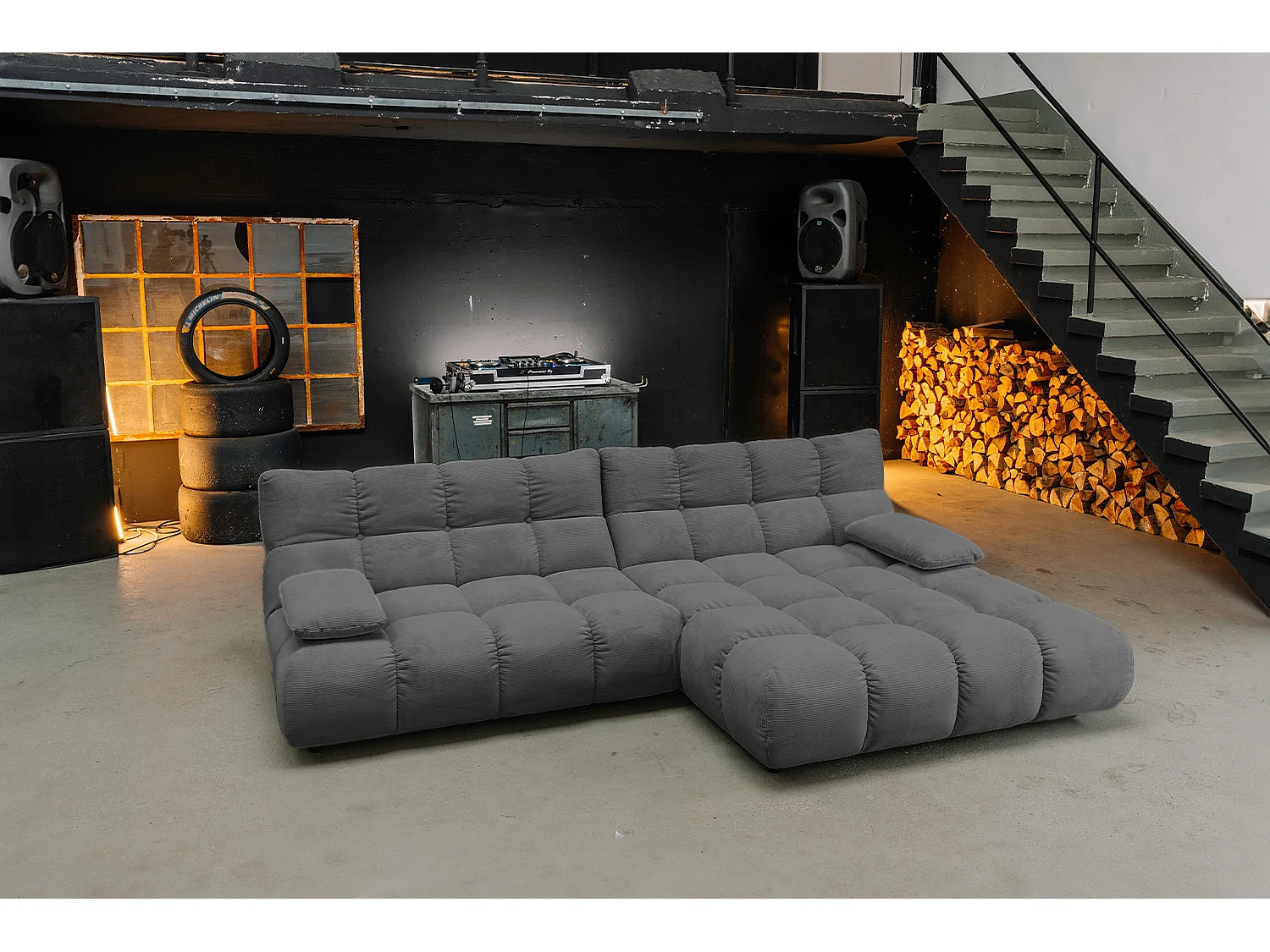 Ecksofa Polsterhocker Drehsessel Set - Anthrazit Cord - VIVIEN