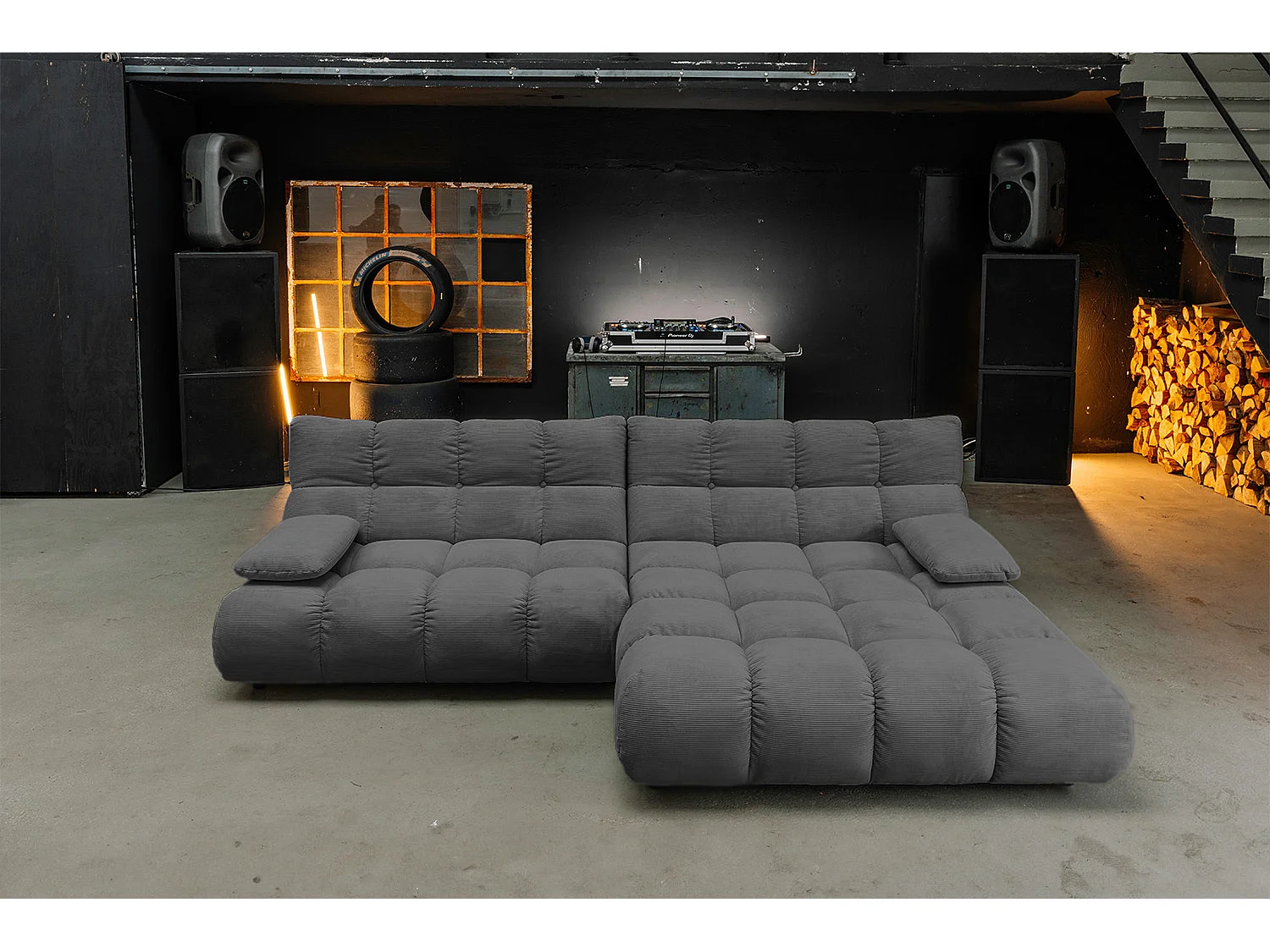 Ecksofa Polsterhocker Drehsessel Set - Anthrazit Cord - VIVIEN