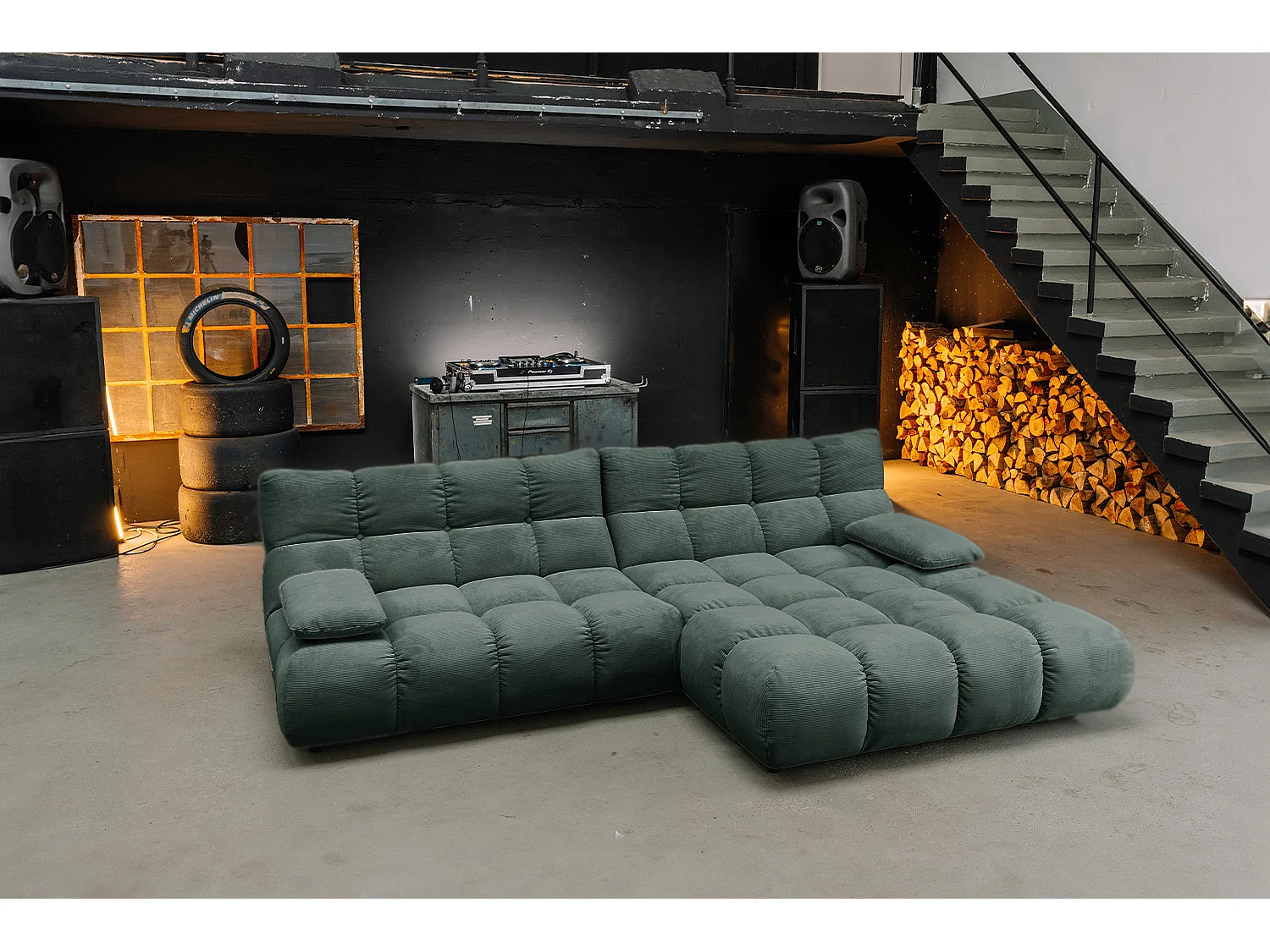 Ecksofa Polsterhocker Drehsessel Set - Smaragdgrün Cord - VIVIEN