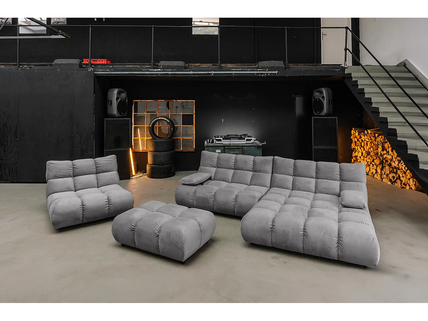 Canapé d'angle pouf rembourré fauteuil pivotant Set - gris pierre Velours - VIVIEN