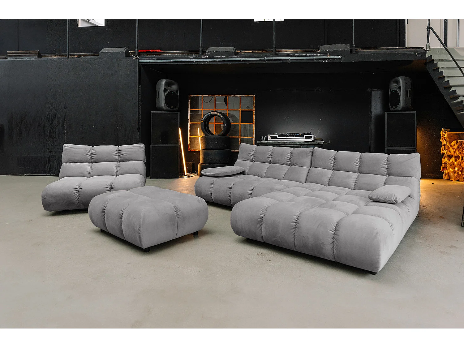 Canapé d'angle pouf rembourré fauteuil pivotant Set - gris pierre Velours - VIVIEN