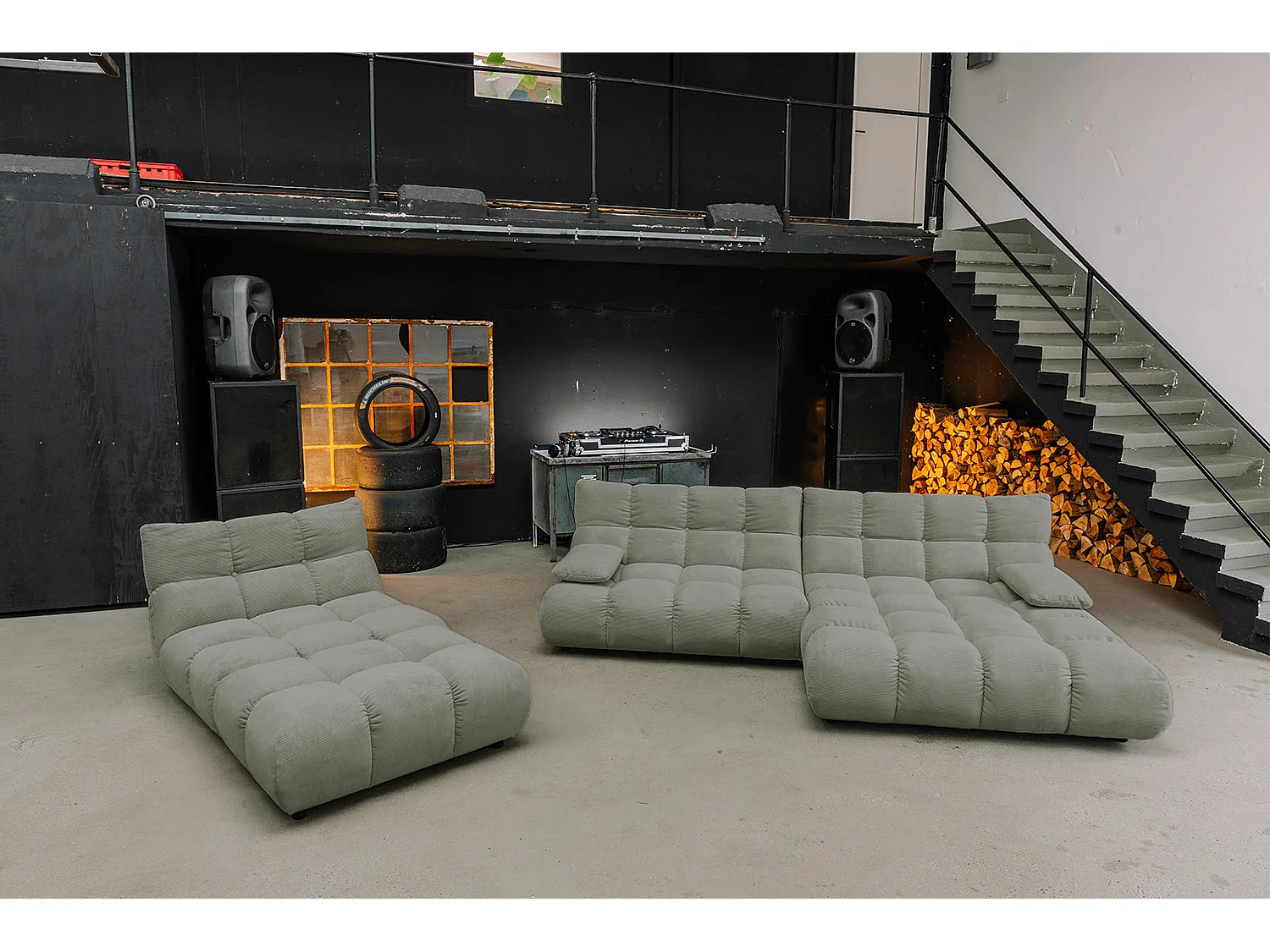 Ecksofa Polsterhocker Drehsessel Set - Grün Cord - VIVIEN