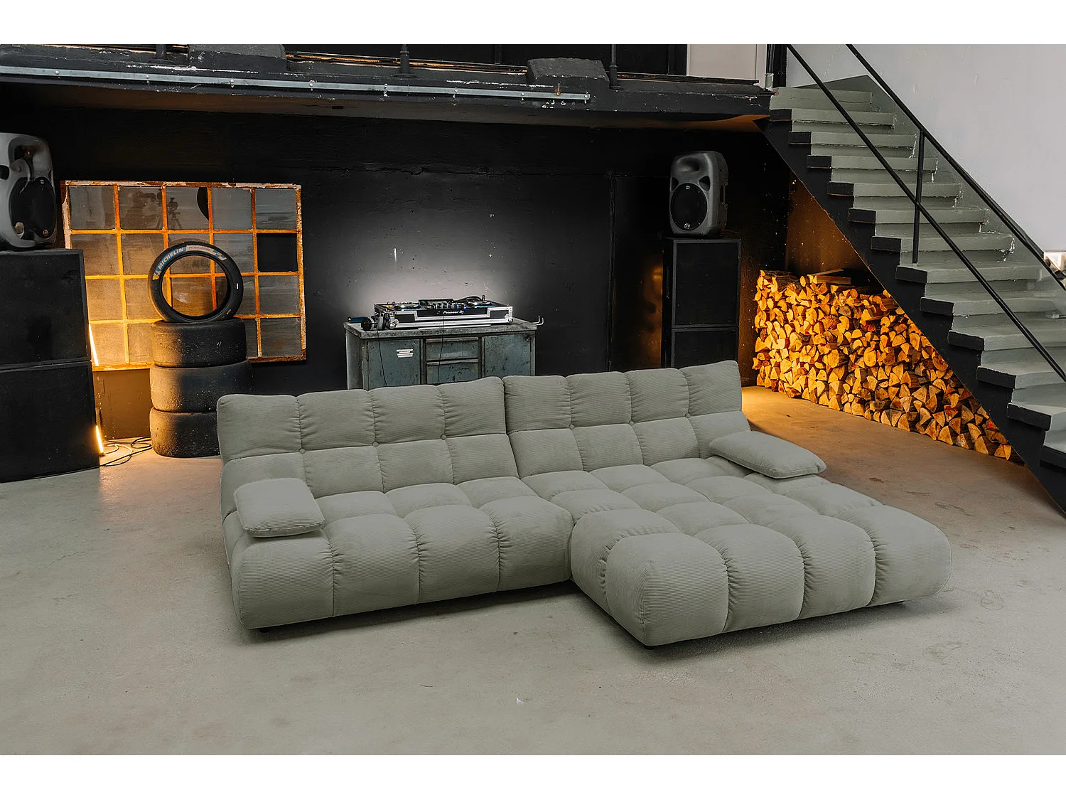 Ecksofa Polsterhocker Drehsessel Set - Grün Cord - VIVIEN