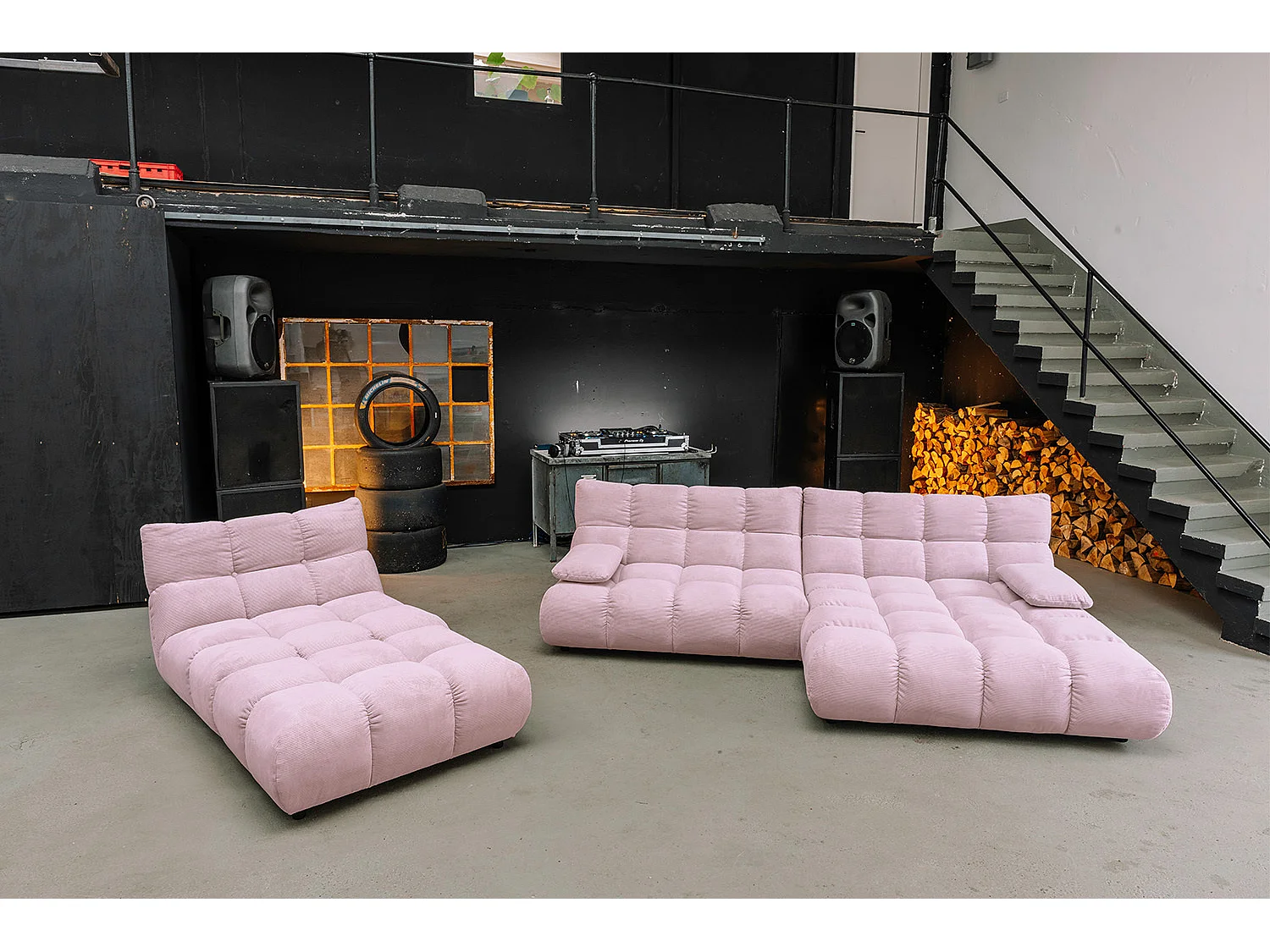 Ecksofa Polsterhocker Drehsessel Set - Pink Cord - VIVIEN